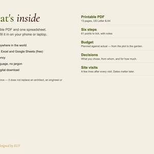 以下が含まれることがあります： What's insideというタイトルのデジタル製品情報シート。印刷可能なPDFとスプレッドシートの詳細が記載されています。Microsoft ExcelやGoogle Sheetsとの互換性、6つのステップ、予算、決定事項、現場訪問などの機能がリストアップされています。