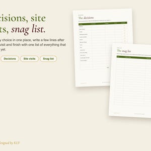 以下が含まれることがあります： Decisions, site visits, snag listというテキストが記載されたデジタルプランナーのページセット。2枚の白いシートには、プロジェクトの選択肢や問題を追跡するための表が表示されています。Budget、Decisions、Site visits、Snag listとラベル付けされたボタンが下に配置されています。
