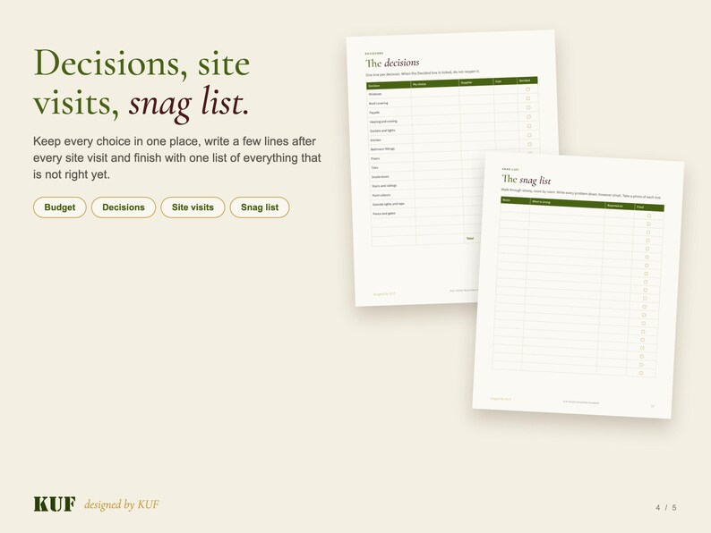 以下が含まれることがあります： Decisions, site visits, snag listというテキストが記載されたデジタルプランナーのページセット。2枚の白いシートには、プロジェクトの選択肢や問題を追跡するための表が表示されています。Budget、Decisions、Site visits、Snag listとラベル付けされたボタンが下に配置されています。