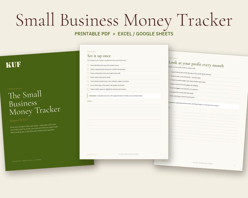 May include: A Small Business Money Tracker document set featuring a dark green cover with white text, alongside two white pages with black text titled Set it up once and Look at your profit every month, designed for printable PDF, Excel, and Google Sheets.
