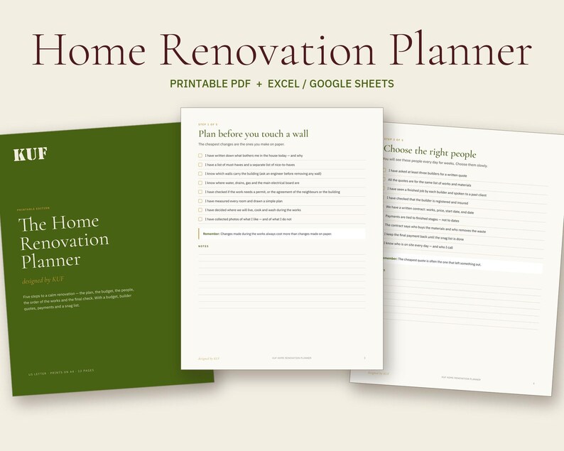 Home Renovation Planner PDF + Excel, Budget Tracker, Remodel Checklist (Digital Download) Bild 1