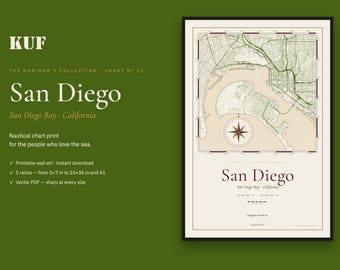 サンディエゴ海図プリント、サンディエゴ湾カリフォルニア地図ポスターウォールアート、ビンテージスタイルの港湾地図、印刷可能なデジタルダウンロード