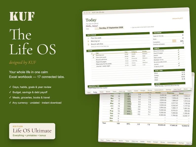 KUF Life OS Ultimate Bundle | Excel Life Planner, 7-Day Guide, 120 AI Prompts, Printable Planner + Wedding Planner image 1