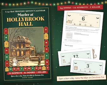 Juego de Adviento de Misterio Navideño: Asesinato en Hollybrook Hall, Rompecabezas de Detective de 24 Puertas con Cuenta Regresiva para Adultos