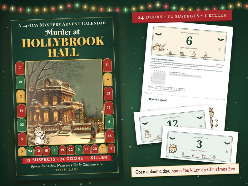 Weihnachtliches Krimi-Adventskalenderspiel: Mord in Hollybrook Hall, 24-Türen-Detektivrätsel-Countdown für Erwachsene Bild 1