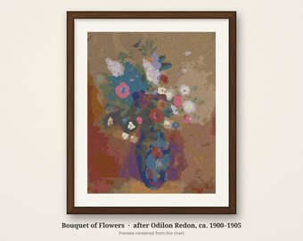 May include: A framed cross-stitch pattern titled Bouquet of Flowers after Odilon Redon, ca. 1900-1905. The design features a pixelated floral arrangement in blue, red, white, and pink tones inside a blue vase against a tan and brown background.