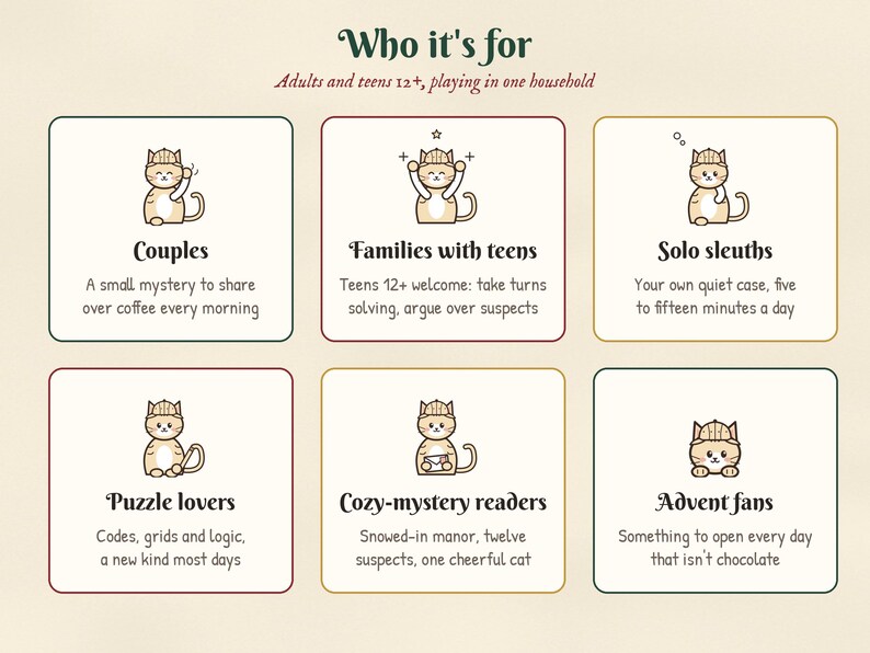 Who the mystery advent calendar is for: couples, families with teens, solo players