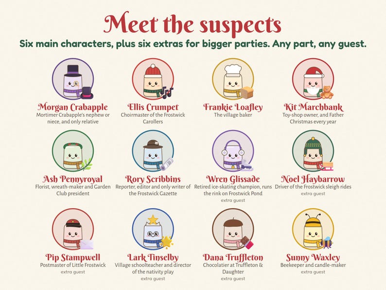 Juego de misterio navideño para fiestas, de 6 a 12 jugadores, Cozy Village Whodunit imagen 2