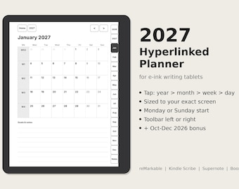 2027 reMarkable Planner: Hyperlinked Daily, Weekly and Monthly
