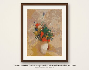 May include: A framed cross-stitch pattern titled Vase of Flowers (Pink Background) after Odilon Redon, ca. 1906. The artwork depicts a bouquet of red, yellow, and green flowers in a light-colored vase against a textured, mottled pink background.