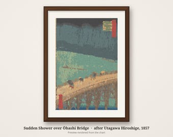 Hiroshige Cross Stitch Pattern: Sudden Shower Over the Bridge