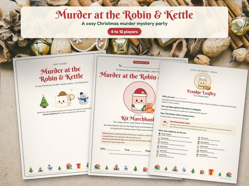 Juego de misterio navideño para fiestas, de 6 a 12 jugadores, Cozy Village Whodunit imagen 1