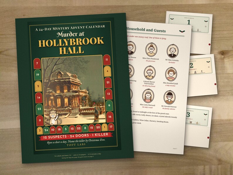 The calendar cover, the household page and sealed door pages on a wooden table