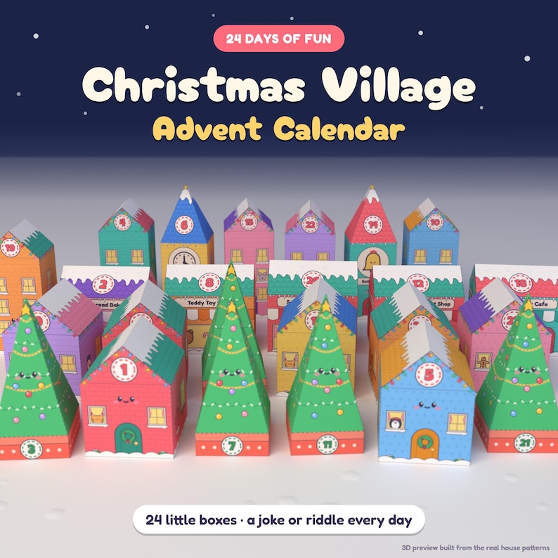 Christmas village advent calendar: 24 colorful paper house boxes with numbered doors and paper Christmas trees, with a joke or riddle inside every day