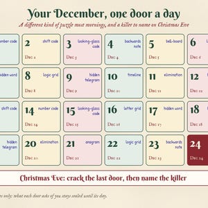 December 1 to 24 at a glance: the kind of puzzle behind each door