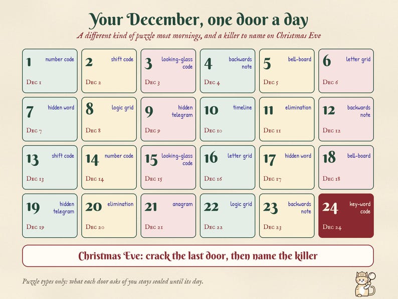 December 1 to 24 at a glance: the kind of puzzle behind each door
