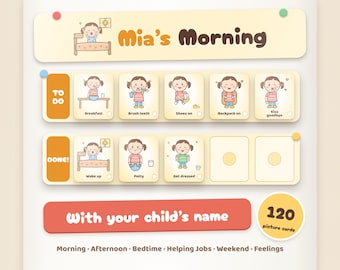 Tarjetas personalizadas de rutinas para niños pequeños con el nombre de su hijo