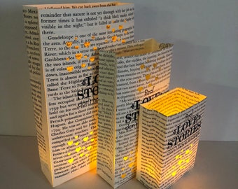 Book Page Luminaries, Wedding Centerpiece, Love Story Decor, Set of 3