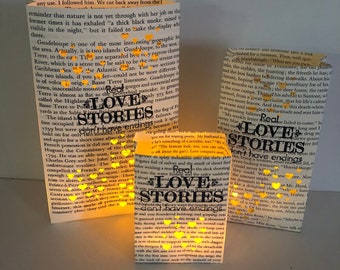 Book Centerpiece, Real Love Stories Don't Have Endings, Book Wedding Decor, 3 Luminaries, Book Themed, Library Wedding, Happily Ever After