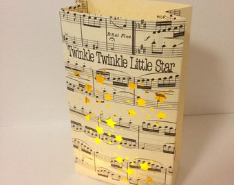 1 Twinkle Twinkle Little Star Luminary Bag, Vintage Sheet Music, Handmade, Star Party, Star Theme, Star Wedding, Party Decorations