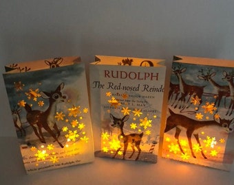 1 Rudolph Luminary, Fashioned Using Storybook Pages, Christmas Decor, Snowflake Luminary, Vintage Christmas, Rudolph, Reindeer, Deer