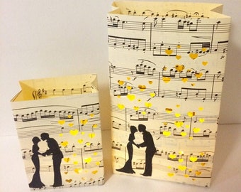 Wedding Luminaries, Wedding Decor, Music Theme, Vintage Sheet Music, Luminary Bags, Wedding Lanterns, Wedding Decor, Rehearsal Dinner