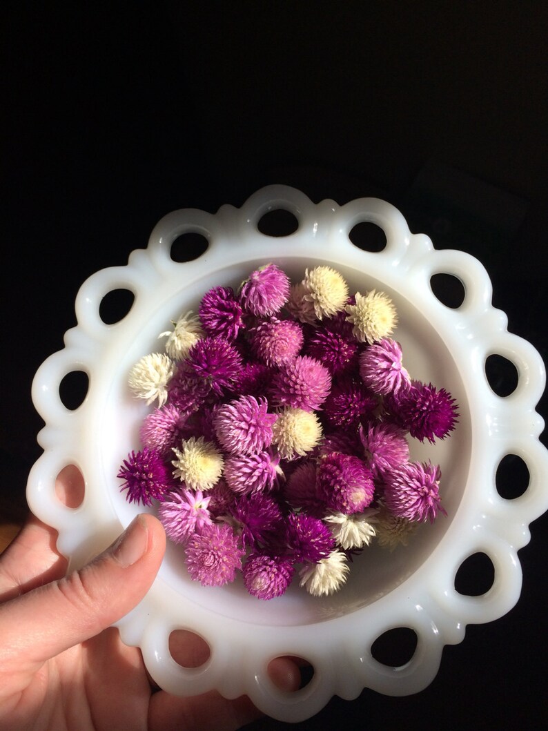 May include: A white ceramic bowl with a scalloped edge, filled with a variety of dried purple and white flowers.
