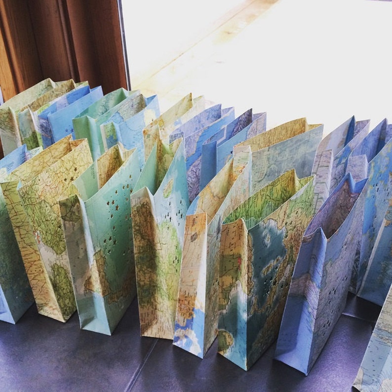10 Map Luminary Bags, Travel Theme Decor, Made to Order, Map Art, Destination Wedding, Travel Themed Party, Bon Voyage image 2