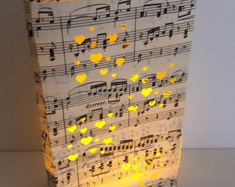 Heart Luminary, Music Wedding, Wedding Lanterns, Luminary Bag, Wedding Decor, Music Gift, Sheet Music Luminary, Love, Party Decor