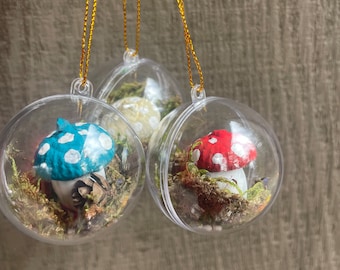 3 mushroom ornaments, acorn ball ornaments, plastic ornaments, lightweight ornaments