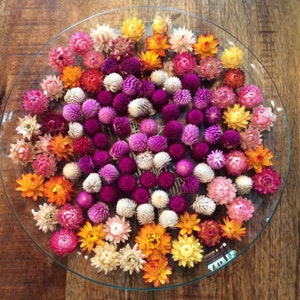 May include: A glass plate filled with a variety of dried flowers in shades of pink, purple, white, and orange. The flowers are arranged in a circular pattern, creating a beautiful and colorful display.
