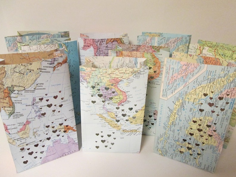 10 Map Luminary Bags, Travel Theme Decor, Made to Order, Map Art, Destination Wedding, Travel Themed Party, Bon Voyage image 1