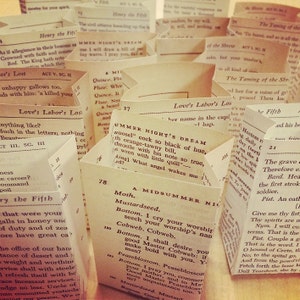 May include: A close-up of a stack of vintage paperbacks with titles like "Love's Labor's Lost", "A Midsummer Night's Dream", and "The Taming of the Shrew". The pages are yellowed with age and the text is slightly blurred.