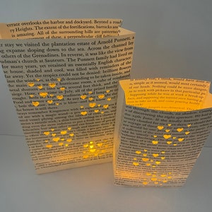 May include: Two book-shaped candle holders with a warm glow emanating from the pages. The candles are surrounded by small, twinkling lights, creating a magical and festive atmosphere. The text on the pages is visible, but the words are blurry.