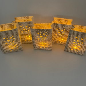 May include: Six paper lanterns with a warm glow, each made from a book page with cut-out hearts. The lanterns are strung together and hanging from a ceiling.
