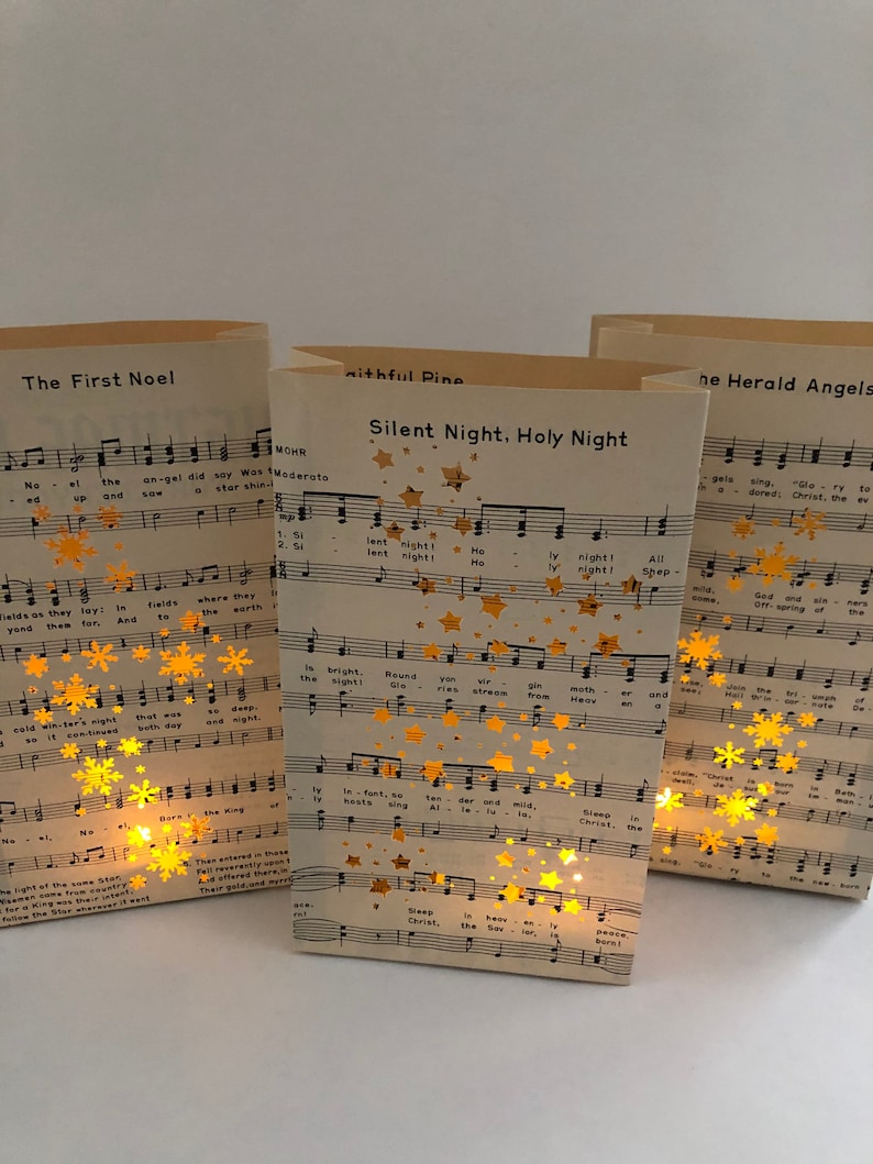 1 Christmas Luminary, You Pick The Song, Christmas Sheet Music, Luminary Bags, Winter Wedding Decor, Holiday Decorations, Vintage Christmas image 1