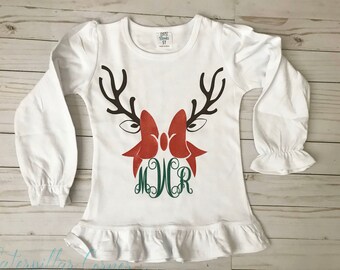 Monogram Christmas Shirt - Girls Monogram Reindeer Shirt - Monogram Antler Christmas Shirt