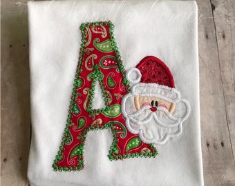 Christmas Santa Shirt for Girls - Santa Inital Shirt- Personalized Girls Christmas Shirt