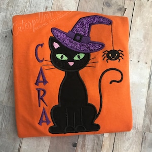 Girls Halloween Shirt: Embroidered Black Cat Witch Applique