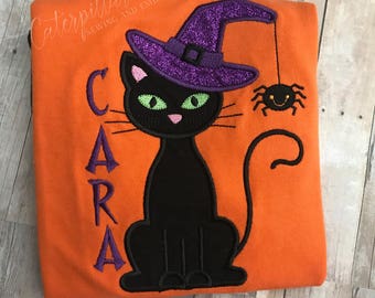Mädchen Halloween Shirt: Schwarze Katze Hexe Applikation