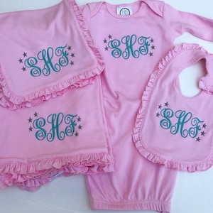 Girls Monogrammed Baby Gown Set - Newborn Girls Going Home Outfit - Newborn Baby Gift Set- Baby Shower Gift - Baby Shower Gift - Infant Gown