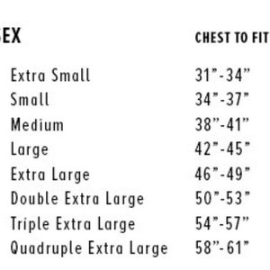May include: Unisex size chart showing chest measurements in inches. Sizes include XS, S, M, L, XL, 2XL, 3XL, and 4XL.
