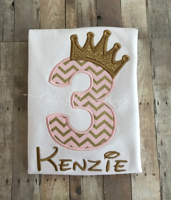 pink and gold Birthday Shirt Rainbow Birthday Shirt-Gold Unicorn Appliqu\u00e9d Embroidered Pink and gold Crown Princess Birthday Shirt