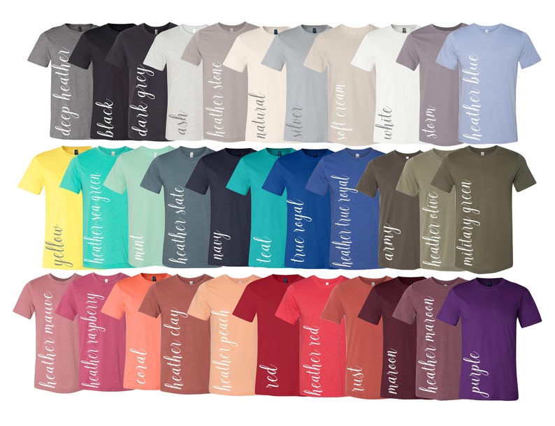 Op de afbeelding: Een verscheidenheid aan T-shirt kleuren, waaronder heather mauve, geel, deep heather, heather raspberry, heather sea green, zwart, koraal, mint, donkergrijs, heather clay, heather slate, as, heather peach, marineblauw, heather stone, rood, teal, naturel, heather red, true royal, zilver, roest, heather true royal, soft cream, maroon, army, wit, heather maroon, heather olive, storm, paars, military green en heather blue.