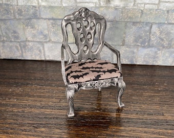 Gothic Carved Back Armchair In Gray w Black Bats Dollhouse Miniatures Gothic Carved Back Armchair In Gray w Black Bats Dollhouse Miniatures