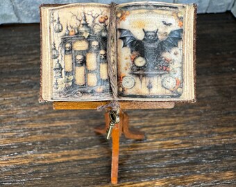 Potions and Vampire Bat Spell Book - Open Book - Dollhouse Miniatures