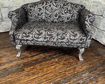 Black with Dark Silver Glittery Swirls Loveseat Couch - Dollhouse Miniatures