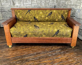 OOAK Mission Style Edgar Allan Poe Inspired Green w Ravens Couch - Dollhouse Miniatures