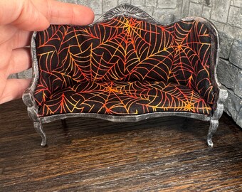 Gothic Spooky Orange Cobwebs on Black Couch - Dollhouse Miniatures