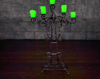 Five Dripping Candles (Glow in the Dark UV Activated) on Standing Candle Holder Candelabra in Silver - Dollhouse Miniature